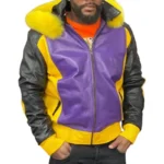 Men's Eight Ball Purple Fox Tri Color Hood Real Leather Jacket