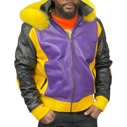 Men's Eight Ball Purple Fox Tri Color Hood Real Leather Jacket