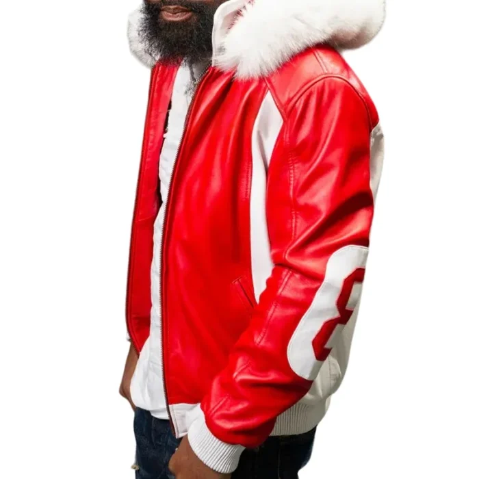 Men's Eight Ball Red Fox Fur Hood Real Leather Jacket