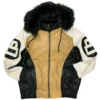 Men's Eight Ball Robert Phillipe Beige Fur Hooded Real Leather Jacket