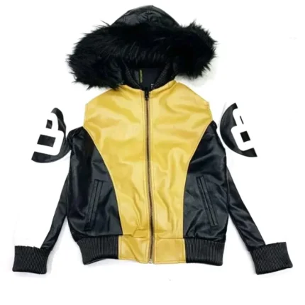 Men’s Eight Ball Robert Phillipe Yellow Fur Hooded Real Leather Jacket