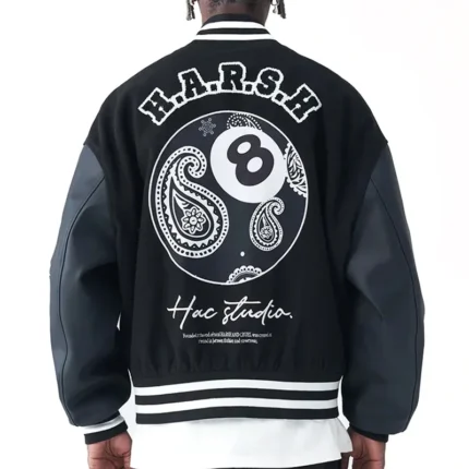 Men's Harsh Paisley Black & Navy Blue 8 Ball Varsity Leather Jacket