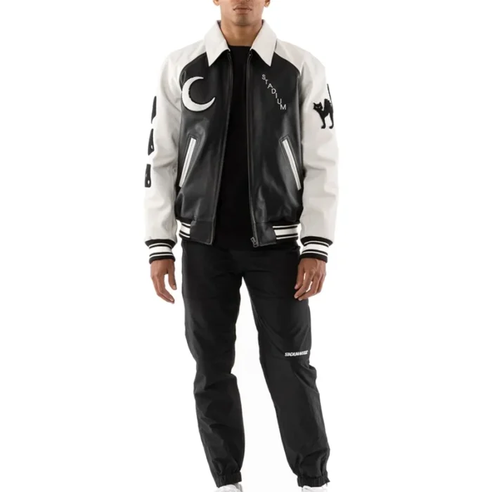 Men's Lucky Eight Ball Stadium Black & White Real Leather Jacket