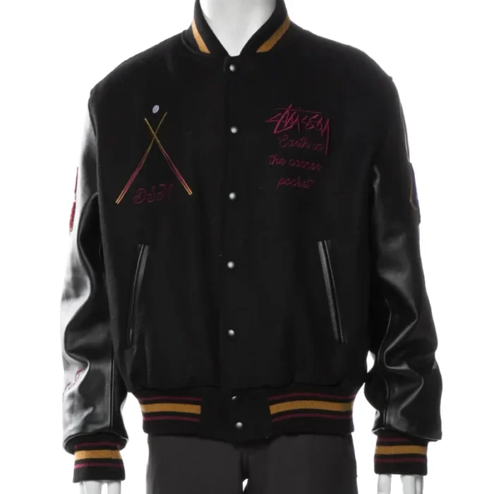 Men's Stussy 8 Ball 40th Anniversary IST Black Varsity Wool Jacket with Leather Sleeves