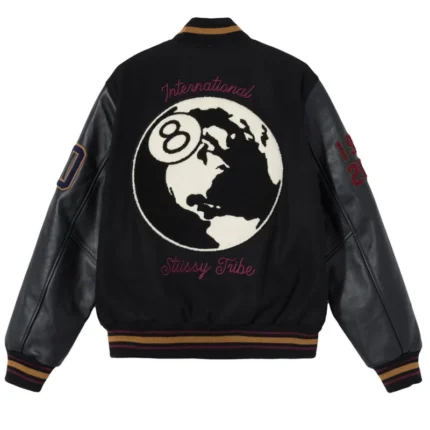 Men's Stussy 8 Ball 40th Anniversary IST Black Varsity Wool Jacket with Real Leather Sleeves