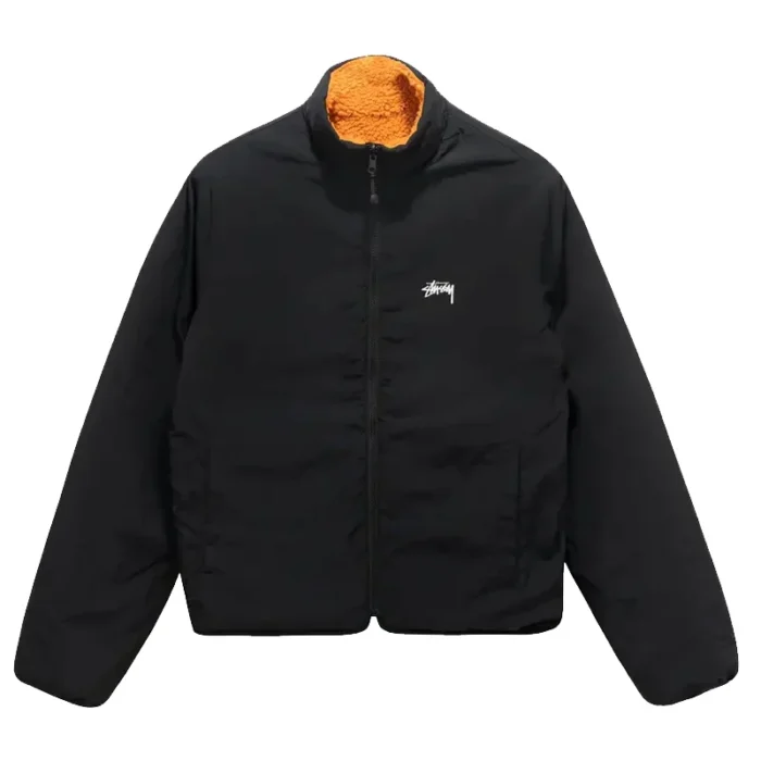 Men's Stussy Eight Ball Sherpa Reversible Orange & Black Jacket