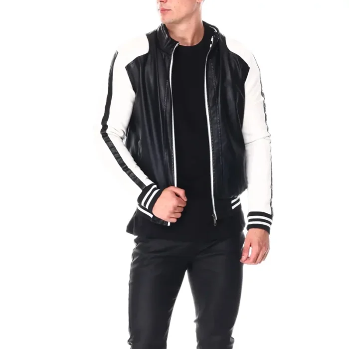 Moto Colrblock Men's 8 Ball Black & White Bomber Leather Jacket