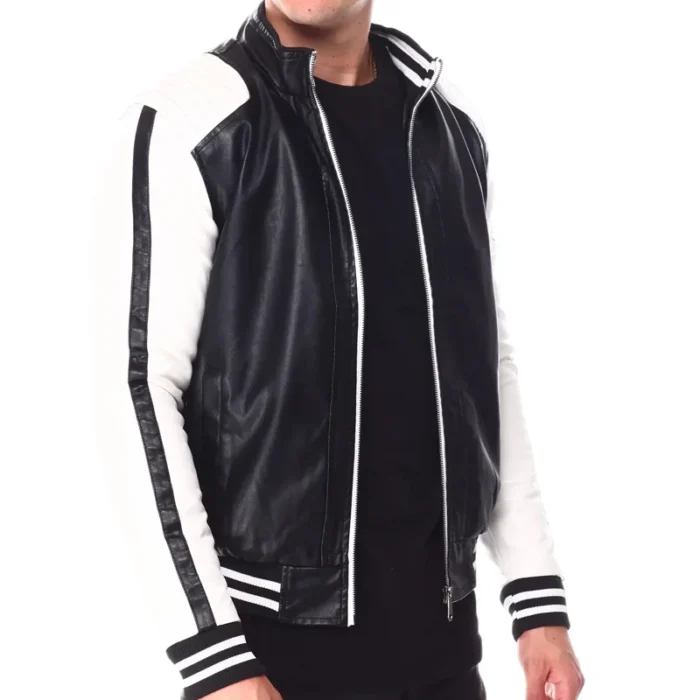 Moto Colrblock Men's Eight Ball Black Bomber Leather Jacket