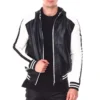 Moto Colrblock Men's Eight Ball Black Bomber Real Leather Jacket