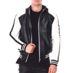 Moto Colrblock Men's Eight Ball Black Bomber Real Leather Jacket
