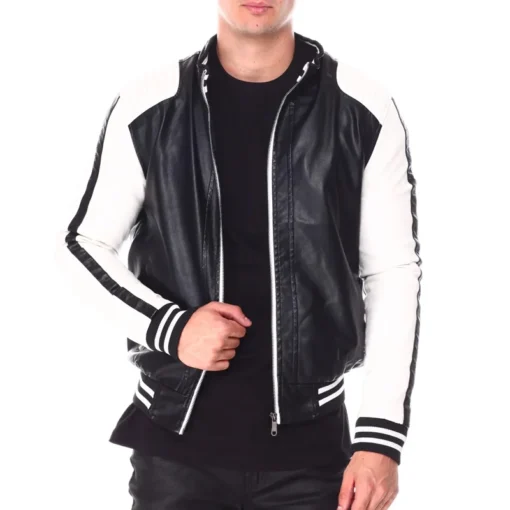 Moto Colrblock Men's Eight Ball Black Bomber Real Leather Jacket