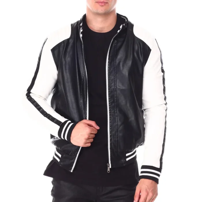 Moto Colrblock Men's Eight Ball Black Bomber Real Leather Jacket