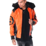 Orange & Black Men's 8 Ball Color Block Bomber Full Grain Leather Jacket