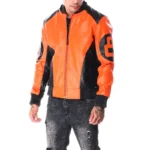 Orange & Black Men's 8 Ball Color Block Bomber Leather Jacket
