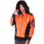 Orange & Black Men's 8 Ball Color Block Hooded Bomber Leather Jacket