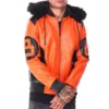 Orange Men's Eight Ball Color Block Hooded Bomber Real Leather Jacket