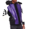 Purple & Black Men's 8 Ball Color Block Hooded Bomber Genuine Leather Jacket