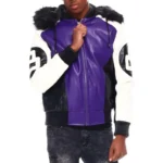 Purple & Black Men's 8 Ball Color Block Hooded Bomber Leather Jacket