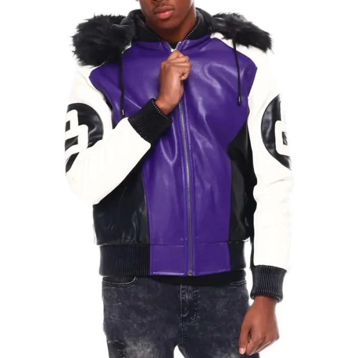 Purple & Black Men's 8 Ball Color Block Hooded Bomber Leather Jacket