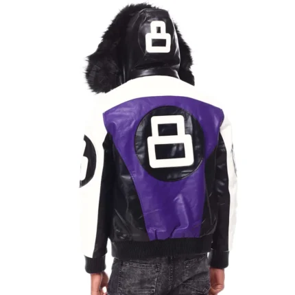 Purple & Black Men's 8 Ball Pool Color Block Hooded Bomber Leather Jacket
