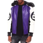 Purple Men's Eight Ball Color Block Hooded Bomber Leather Jacket