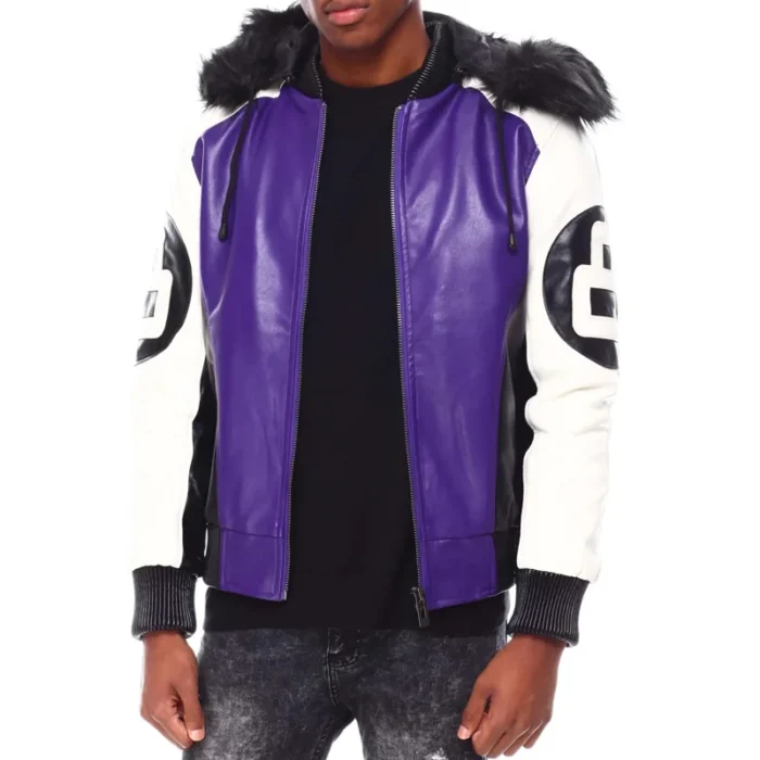 Purple Men's Eight Ball Color Block Hooded Bomber Leather Jacket