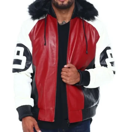 Red & Black Men's Robert Phillipe 8 Ball Color Block Hooded Bomber Leather Jacket