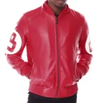 Red Men's 8 Ball Color Block Hooded Bomber Leather Jacket