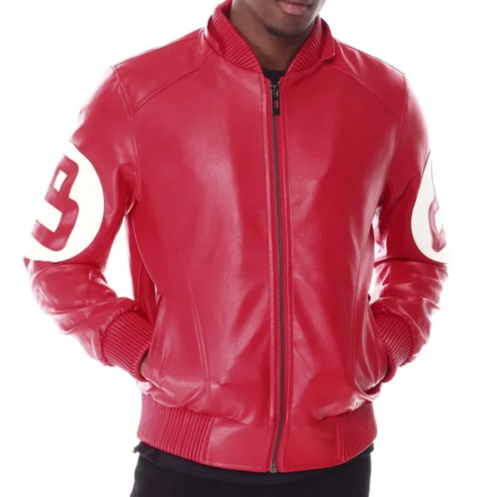 Red Men's 8 Ball Color Block Hooded Bomber Leather Jacket