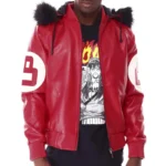Red Men's Eight Ball Hooded Bomber Real Leather Jacket