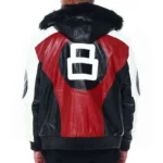 Red Men's Eight Ball Robert Phillipe Color Block Hooded Bomber Leather Jacket