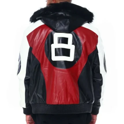 Red Men's Eight Ball Robert Phillipe Color Block Hooded Bomber Leather Jacket