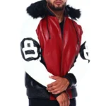 Red Men's Eight Ball Robert Phillipe Color Block Hooded Bomber Real Leather Jacket