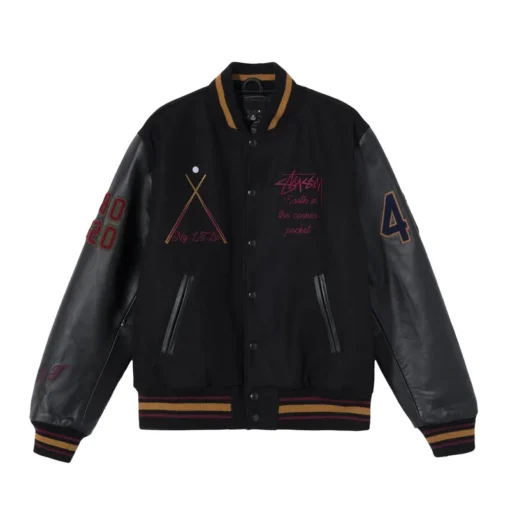 Stussy 8 Ball 40th Anniversary IST Men's Black Varsity Wool Jacket with Real Leather Sleeves