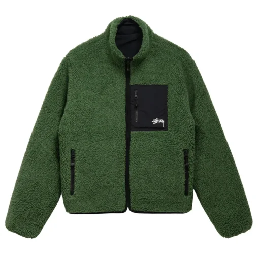 Stussy Eight Ball Sherpa Reversible Green Jacket for Men's