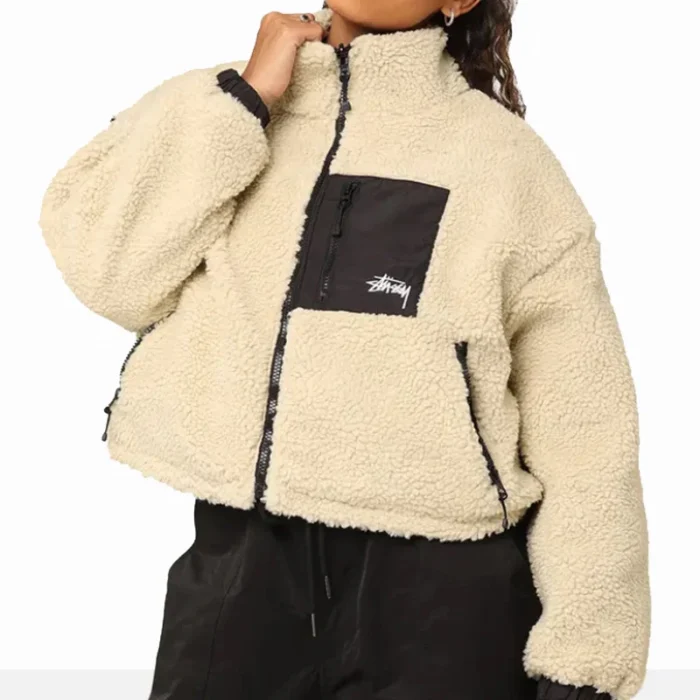Stussy Eight Ball Sherpa Reversible Off White Jacket For Women's