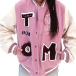 Tim comix Women's 8 Ball Pink & White Varsity Real Leather Jacket