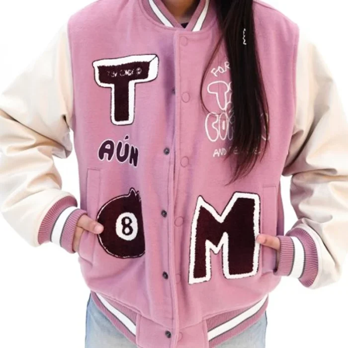 Tim comix Women's 8 Ball Pink & White Varsity Real Leather Jacket