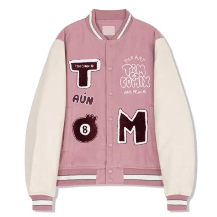 Timcomix Women's Eight Ball Pink Varsity Real Leather Jacket