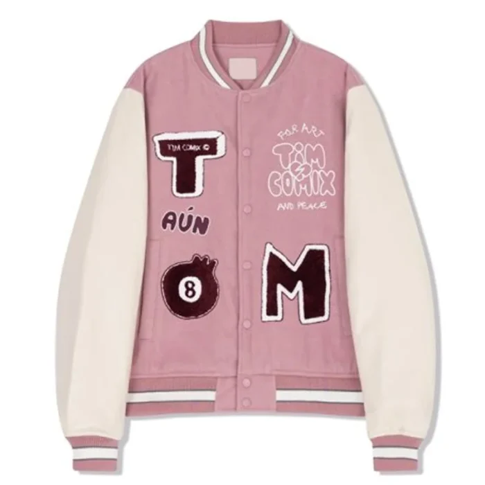 Timcomix Women's Eight Ball Pink Varsity Real Leather Jacket
