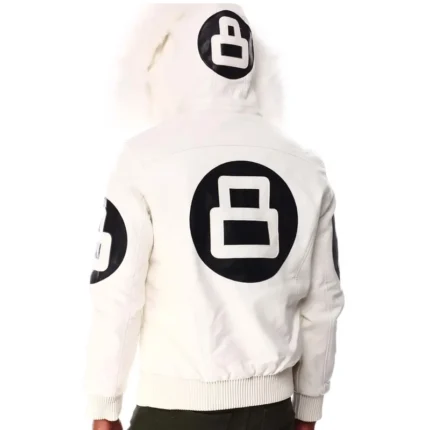 White 8 Ball Color Block Hooded Men's Bomber Full Grain Leather Jacket