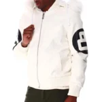 White 8 Ball Color Block Hooded Men's Bomber Top Grain Leather Jacket