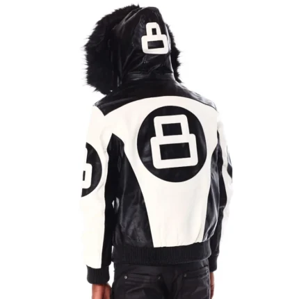 White & Black 8 Ball Men's Color Block Hooded Bomber Leather Jacket