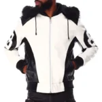 White & Black Men's 8 Ball Color Block Hooded Bomber Leather Jacket