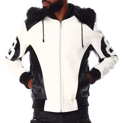 White & Black Men's 8 Ball Color Block Hooded Bomber Leather Jacket