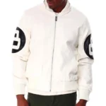 White Men's 8 Ball Color Block Hooded Bomber Leather Jacket