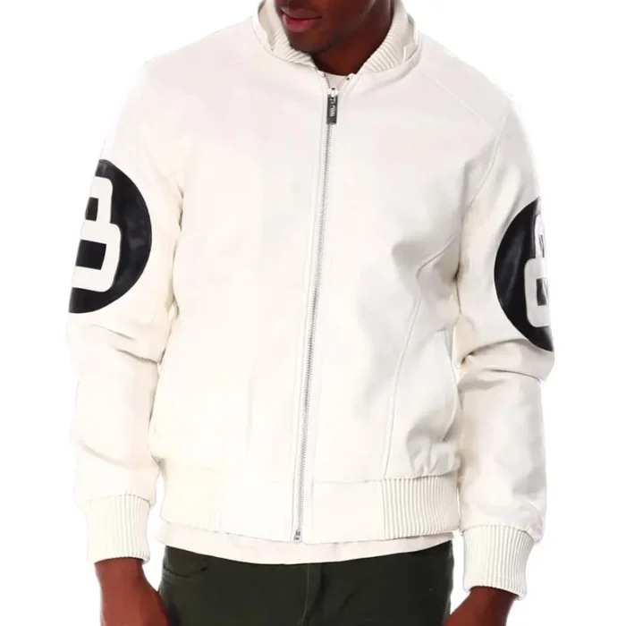 White Men's 8 Ball Color Block Hooded Bomber Leather Jacket