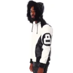 White Men's 8 Ball Pool Color Block Hooded Bomber Real Leather Jacket