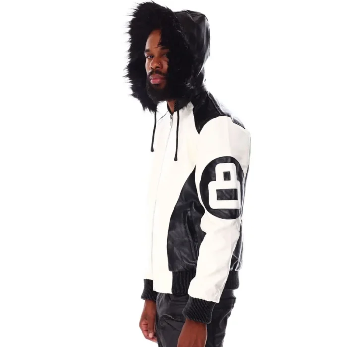 White Men's 8 Ball Pool Color Block Hooded Bomber Real Leather Jacket
