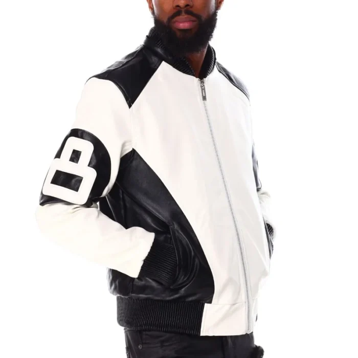 White Men's Eight Ball Color Block Hooded Bomber Real Leather Jacket